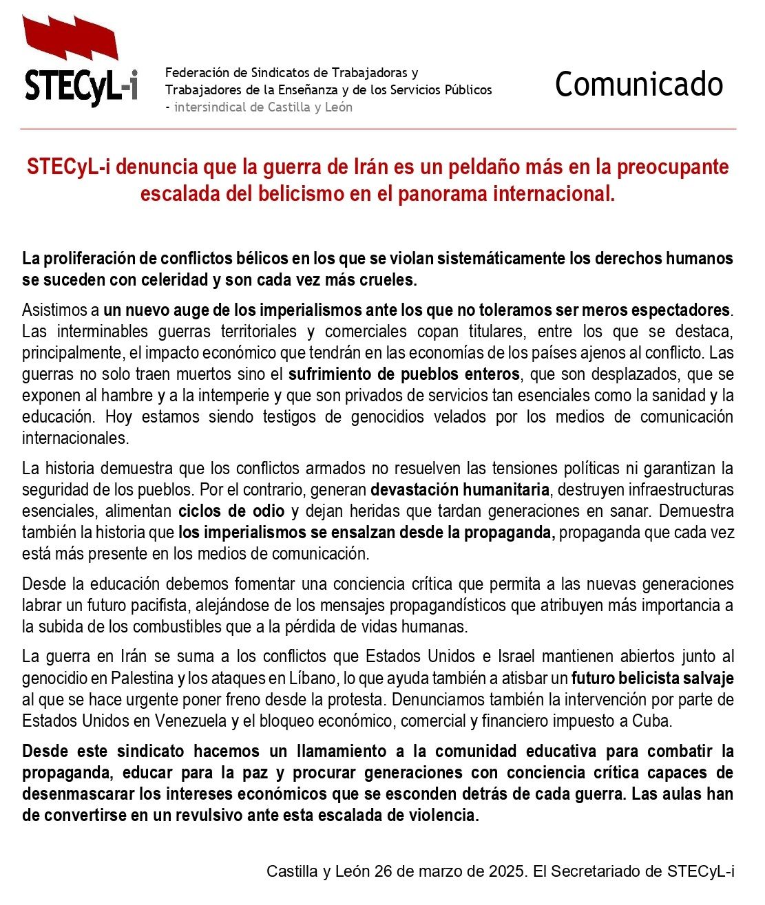 2026_03_26_ STECyL denuncia la escalada belicista